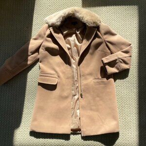 Tan Duster Coat with Faux Fur Collar